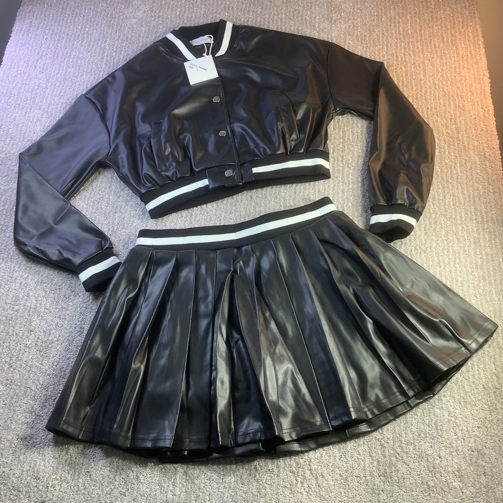 Be Lux Sport Black Faux‎ Leather Bomber Jacket and Pleated Skirt Set Size L NWT